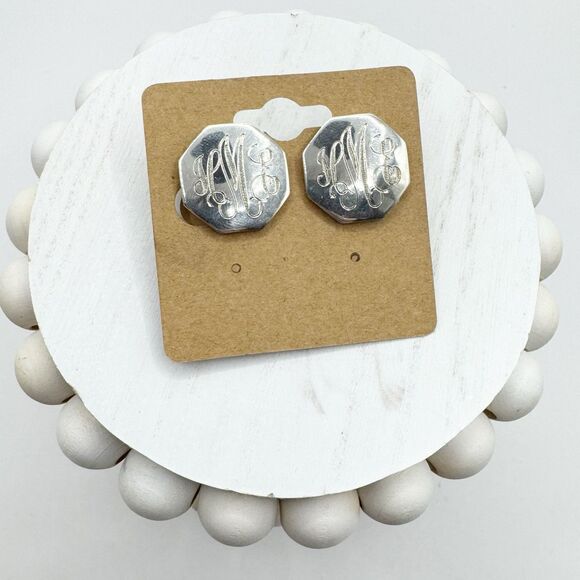 Vtg Sterling Monogram HEM Screw back Earrings Octagonal Signed CW Scrap Wear 10g - Picture 2 of 9